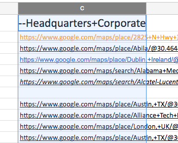 screenshot of URLs in column C on google sheet for demonstration to split to column