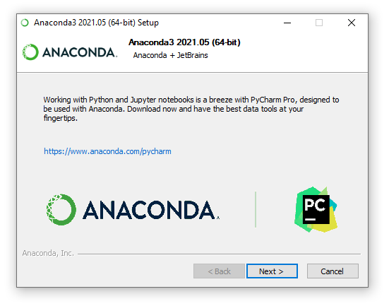 screenshot + text for anaconda 2021.05 (64 bit) related to pycharm