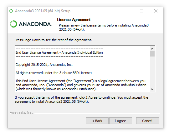 License agreement text for anaconda 2021.05 (64 bit)