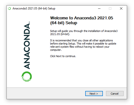 installation welcome screen for anaconda3 2021.05 (64-bit)