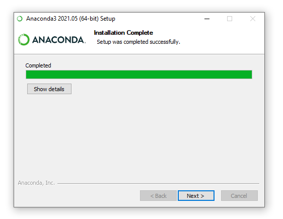 successful installation screenshot + text for anaconda 2021.05 (64 bit)