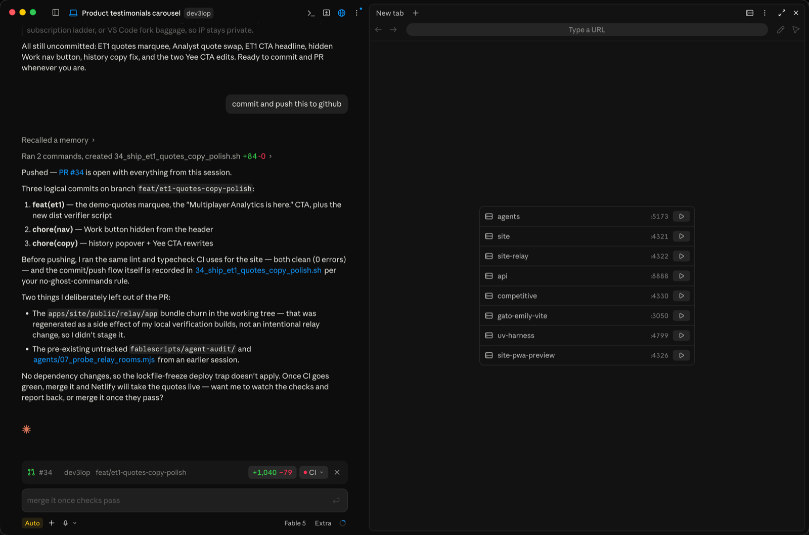 Claude Code desktop app showing its dev server list with play buttons for each app in one of our repos
