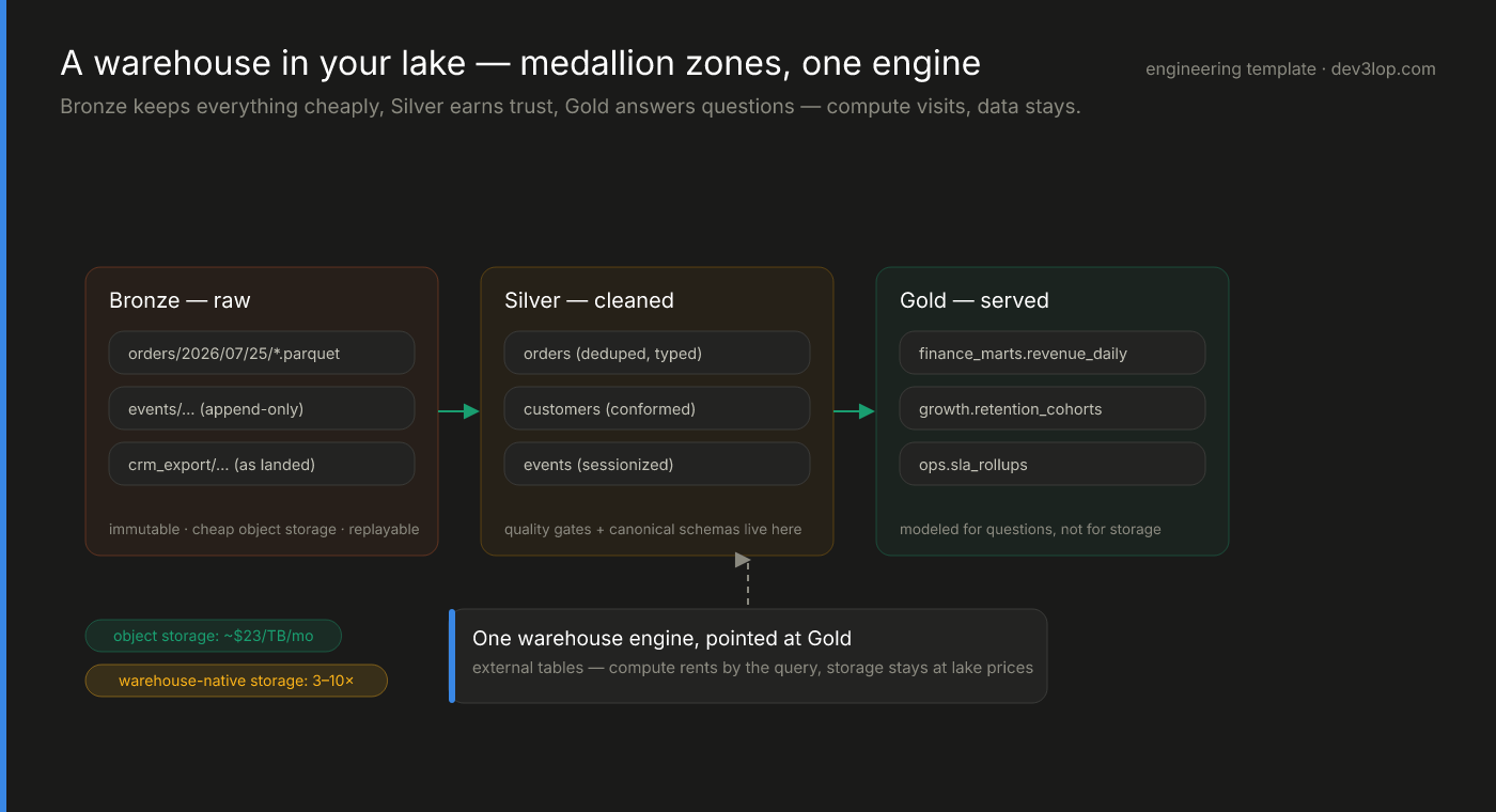 Lakehouse medallion diagram with bronze, silver, and gold zones in object storage and a warehouse engine querying gold through external tables