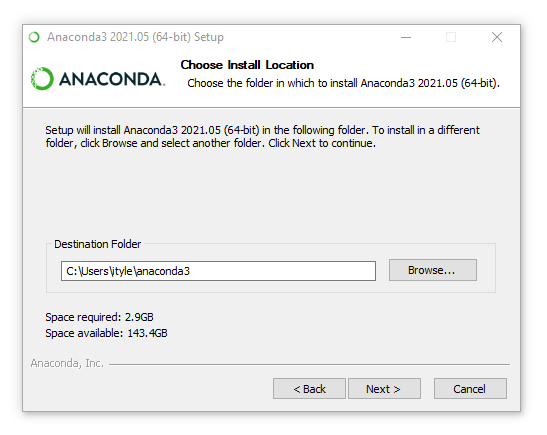 choose installation location setup  screenshot + text for anaconda 2021.05 (64 bit)