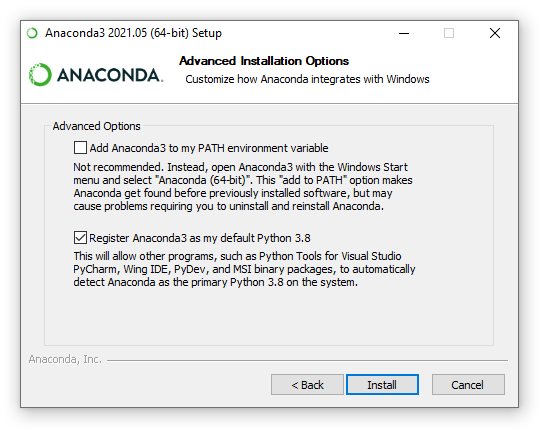 advanced installation options screenshot + text for anaconda 2021.05 (64 bit)