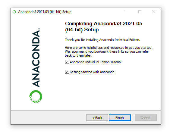 completed setup screen/menu screenshot + text for anaconda 2021.05 (64 bit)