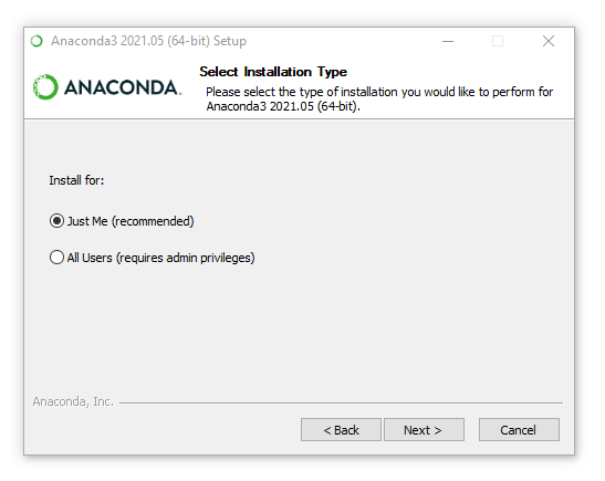 Select installation screenshot + text for anaconda 2021.05 (64 bit)