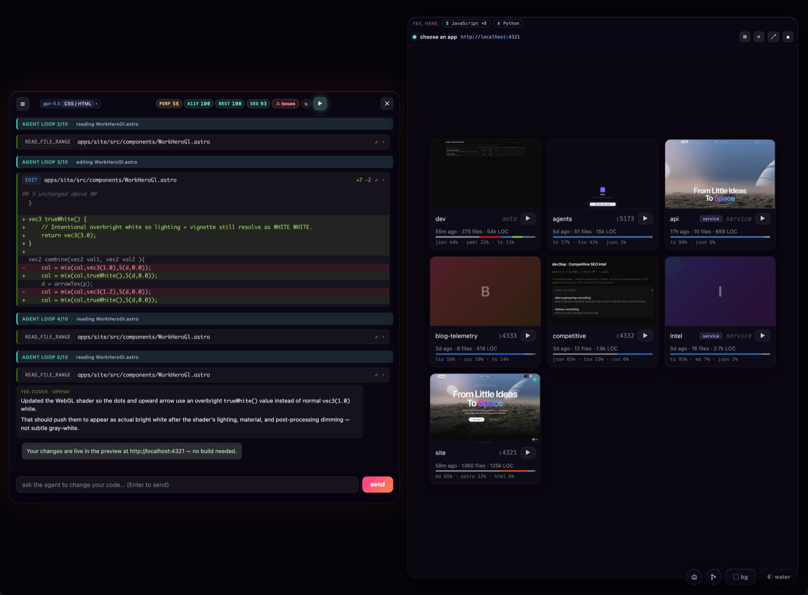 Yee editor preview pane showing the choose-an-app grid, with per-app play buttons, ports, file counts, lines of code, and language makeup bars for a whole monorepo