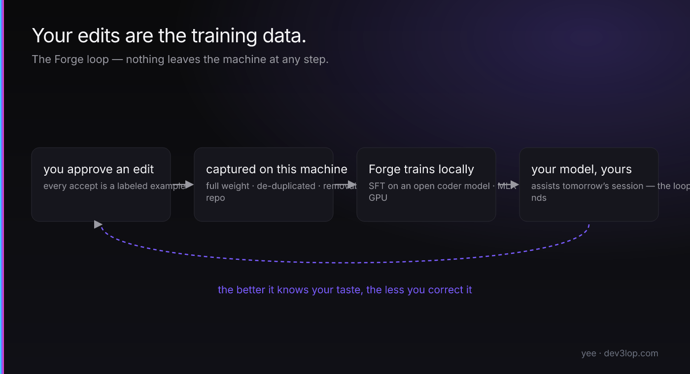 The Forge training loop: an approved edit is captured on the local machine — full weight, de-duplicated, removable per repo — then Forge fine-tunes an open coder model locally with MLX, producing a private model that assists the next session