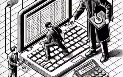 image of fraud using computer to conduct fraud isometric black and white drawing