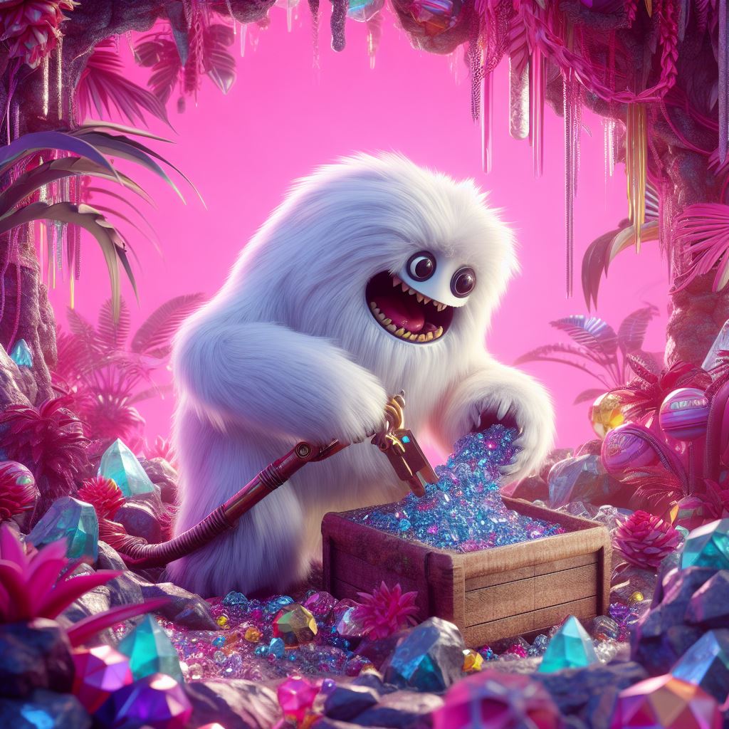 a white monster looking for gems and holding a mining pickaxe