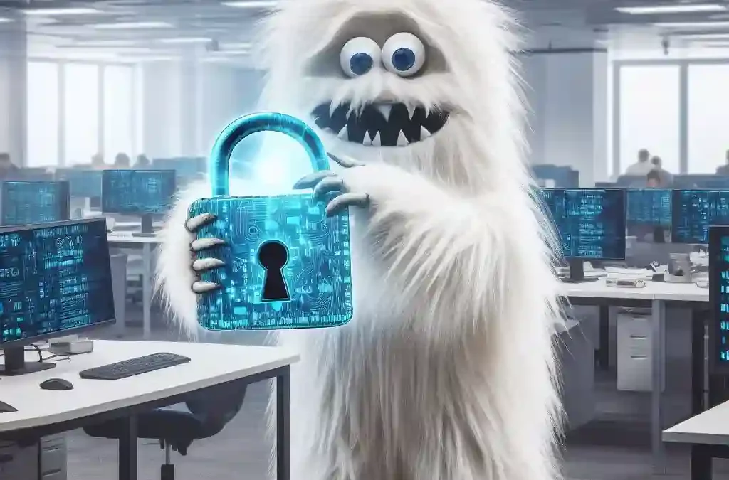 furry white monster holding a lock to unlock 'data'