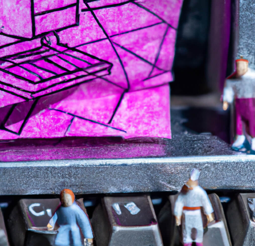a computer with digital characters on the keyboard and a digital art on pink paper - dev3lopcom llc home page hero image